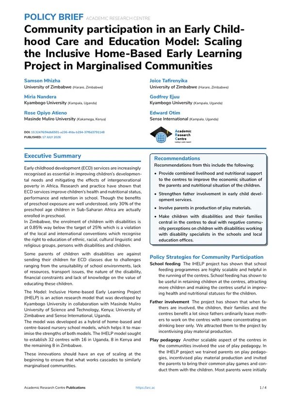 Cover of Community Participation in an Early Childhood Care and Education Model: Scaling the Inclusive Home-Based Early Learning Project in Marginalised Communities